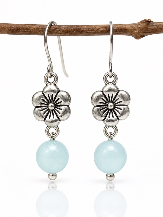 Hand Crafted Jewelry - Silver Flower With Blue Stone Beads Earrings